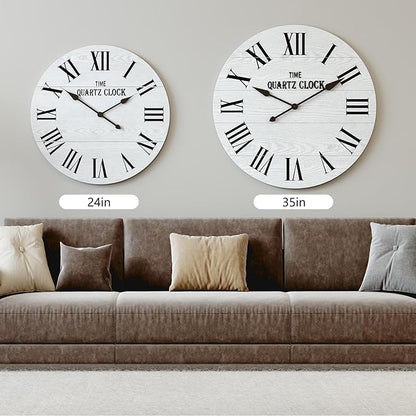 ARTPOWER Large Farmhouse Wall Clock, 24” Shiplap Wall Clock with Roman Numeral, Nearly Non-Ticking, Round Wall Clocks for Living Room Decor, Office, Bedroom, Entrance, White