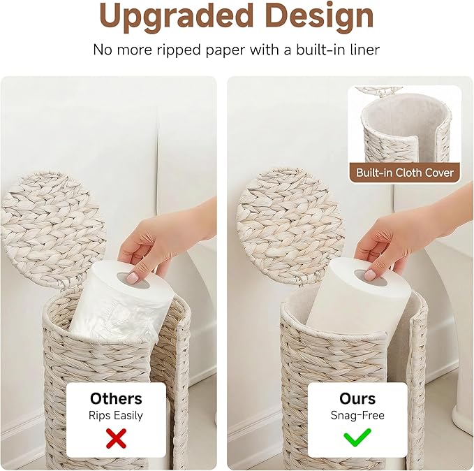 StorageWorks Free Standing Wicker Toilet Paper Holder Stand for Bathroom Storage, Decorative Water Hyacinth Toilet Paper Storage with Lid, 3 Rolls of Tissue Holder with a Built-in Cloth Lining, White