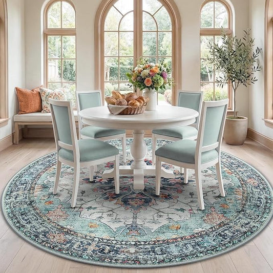 RELEANY Area Rugs Round 7ft Washable Non-Slip, Floral Vintage Distress Medallion Carpet for Living Room Bedroom Dining Room, Green Navy Blue White Red Teal