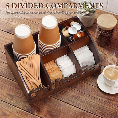 Coffee Station Organizer for Counter Wood Countertop Accessories Organizer Coffee Pods Holder Storage Basket for Pods Condiment Syrup Tea Cups Stirrers for Rustic Bar Decoration(Brown)