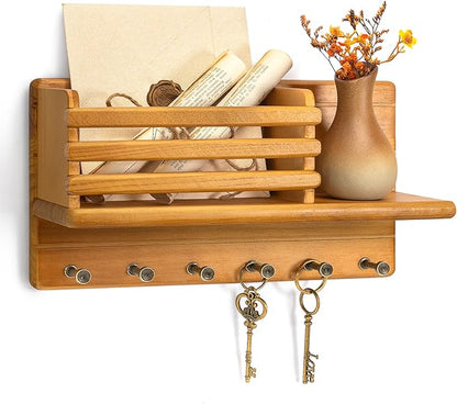 Rebee Vision Farmhouse Pine Wood Key Holder Wall Mount - Rustic Key Holder for Wall with Storage Shelf & 6 Hooks - Mail Holder for Kicthen, Living Room, Bedroom (Yellow)