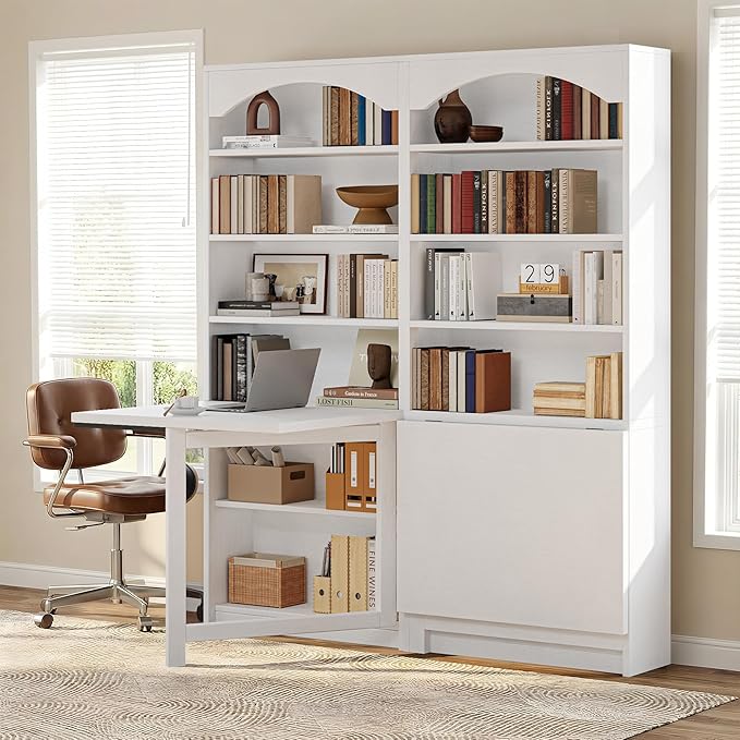 6-Tier Bookshelf with Folding Table, 72.8” Tall Open Storage Bookcase, Large Storage Capacity, Modern Display Shelf for Home Office, Living Room, Bedroom, White