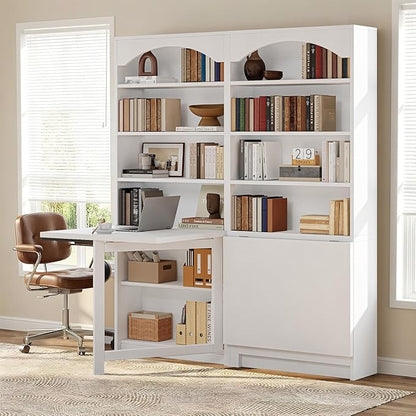 6-Tier Bookshelf with Folding Table, 72.8” Tall Open Storage Bookcase, Large Storage Capacity, Modern Display Shelf for Home Office, Living Room, Bedroom, White