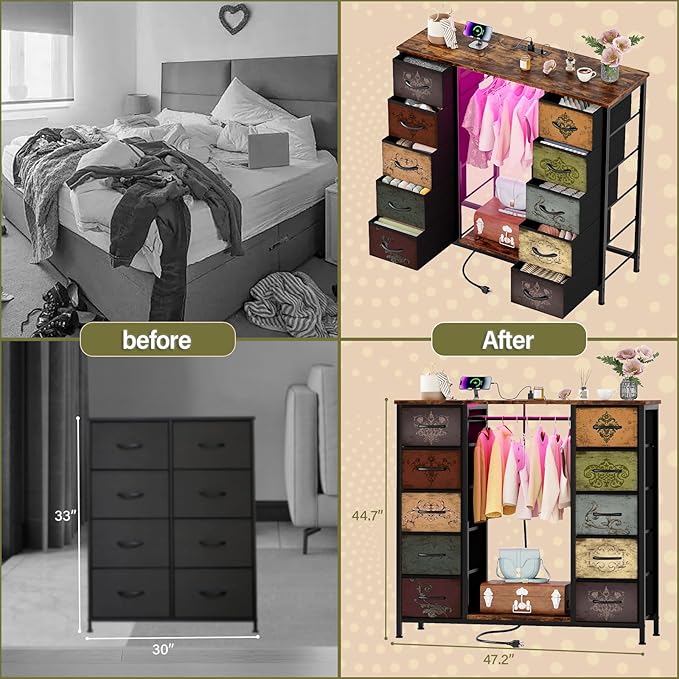 Dresser for Bedroom with Hanging Rack, 10 Drawers TV Stand with Charging Station LED Lights, Pattern Fabric Storage Organizer Cabinets for Living Room, Entryway, Nursery
