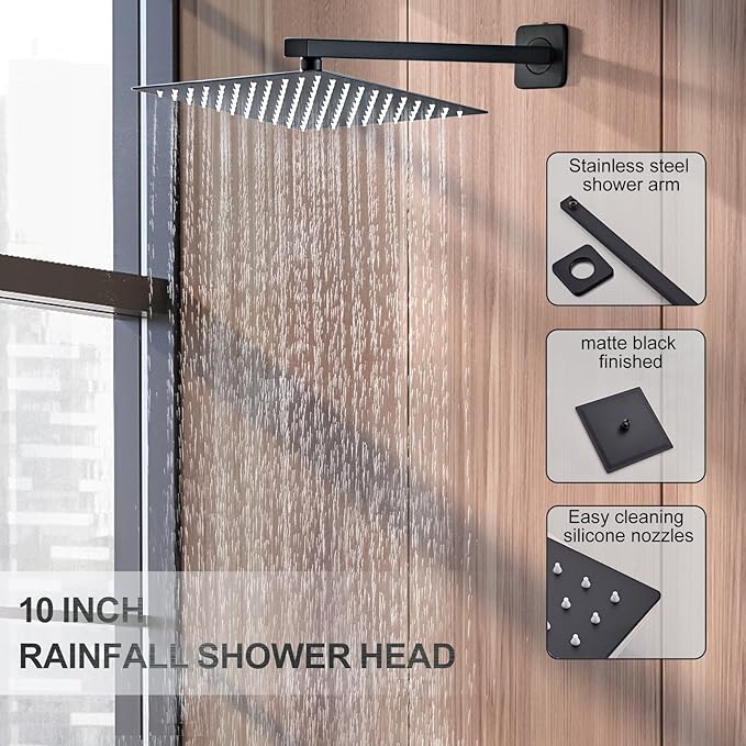 SaniteModar Black Shower Head System 8 Inch Square Rainfall Shower Head with Handheld Shower Vaval and Trim Kit Wall Mounted Shower Faucet Set, Matte Black Shower Head