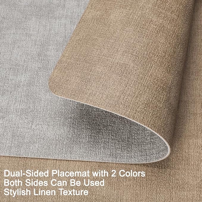 Myir JUN Reversible Vinyl Placemats Set of 8, Faux Leather Place Mats Dual Sided Waterproof Oilproof Wipeable, Heat-Resistant Table Mats for Kitchen Dining Indoor Outdoor (12" x 17", Light Gray Beige)