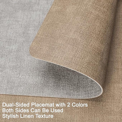 Myir JUN Reversible Vinyl Placemats Set of 8, Faux Leather Place Mats Dual Sided Waterproof Oilproof Wipeable, Heat-Resistant Table Mats for Kitchen Dining Indoor Outdoor (12" x 17", Light Gray Beige)