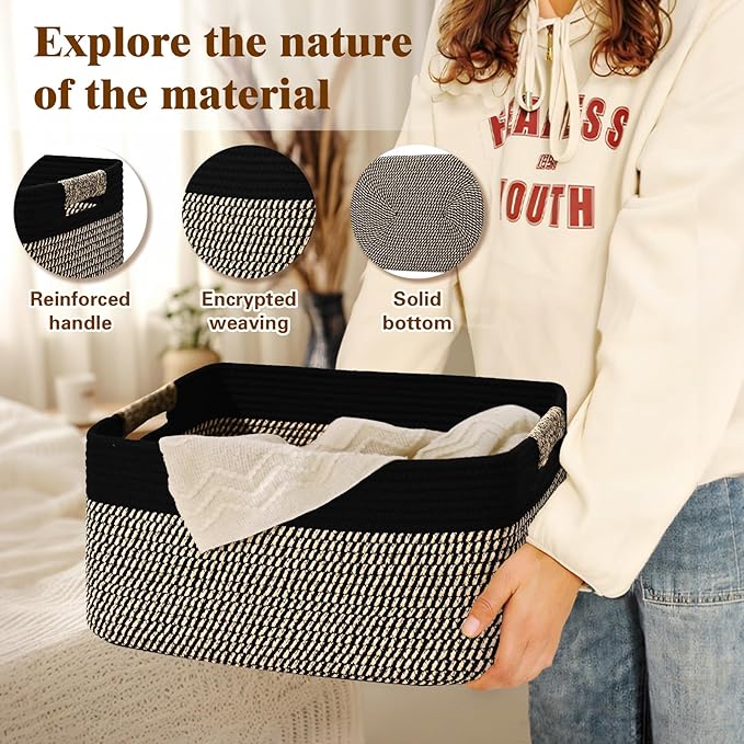 3 Pack Large Storage Basket for Organizing, 17.5"x13.5"x7.5" Woven Basket for Shelves, Closet Cube Storage Bins with Wrapped Handle, Cotton Rope Baskets for Kitchen, Clothes, Toys(Black & Brown)