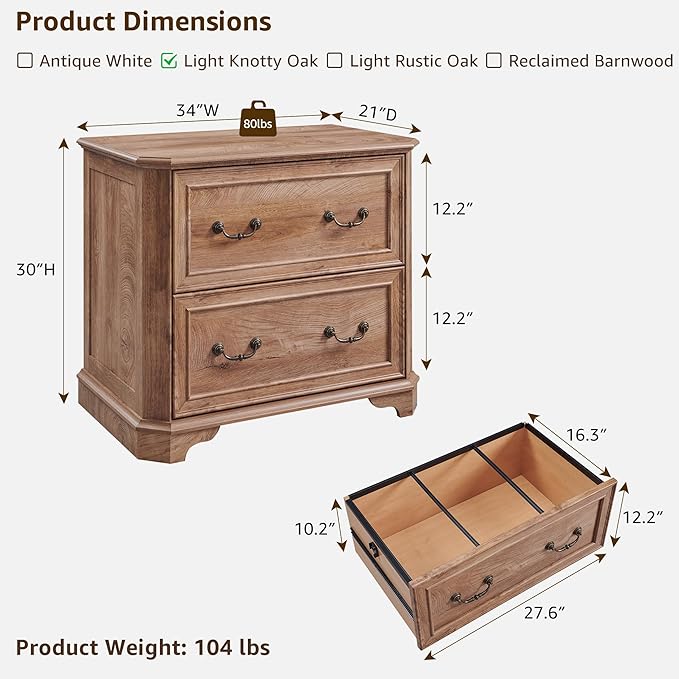 T4TREAM 34" Lateral File Cabinet Set of 2 w/2 Drawers, Farmhouse Filing Cabinet w/34 Wide Wooden Tabletop & Smooth Rails, Holds Letter/Legal, Hexagonal Design & Framed Drawer Fronts, Light Knotty Oak