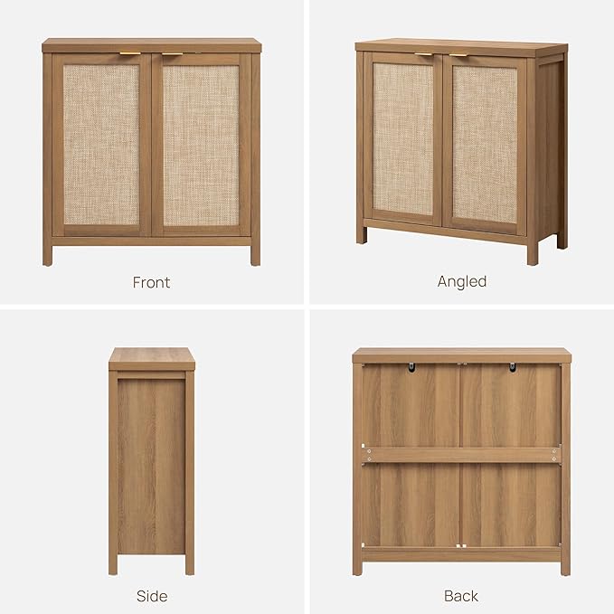 SICOTAS Sideboard Buffet Coffee Bar Cabinet - 3 Pieces Farmhouse Boho Rattan Credenza Storage Cabinet with Large Storage for Kitchen, Living Room, Entryway, Oak