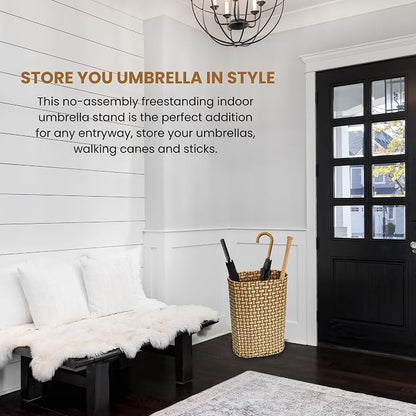 HAMOTOPI Umbrella Holder Entryway Umbrella Stand Indoor Entryway 6.7x17.3 Wicker Umbrella Bucket Basket Narrow Tall Umbrella Storage Bin Woven Faux Rattan Cane Holder Stands (Brown & Natural)