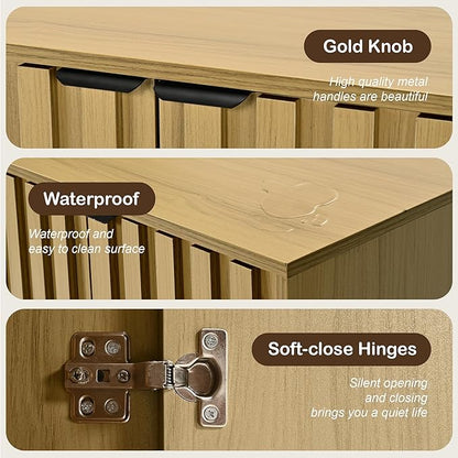 Buffet Cabinet with Storage, Sideboard Cabinet with Fluted Door, Kitchen Buffet Storage Cabinets with Adjustable Shelves, Sideboard Cabinets for Living Room, Entry, Hallway, Natural