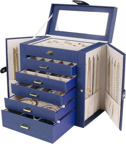 AKOZLIN Large Jewelry Box Organizer Functional Lockable with Big Mirror, Leather Jewelry Storage Case for Women Girls Ring Necklace Earring Bracelet Holder Organizer Blue