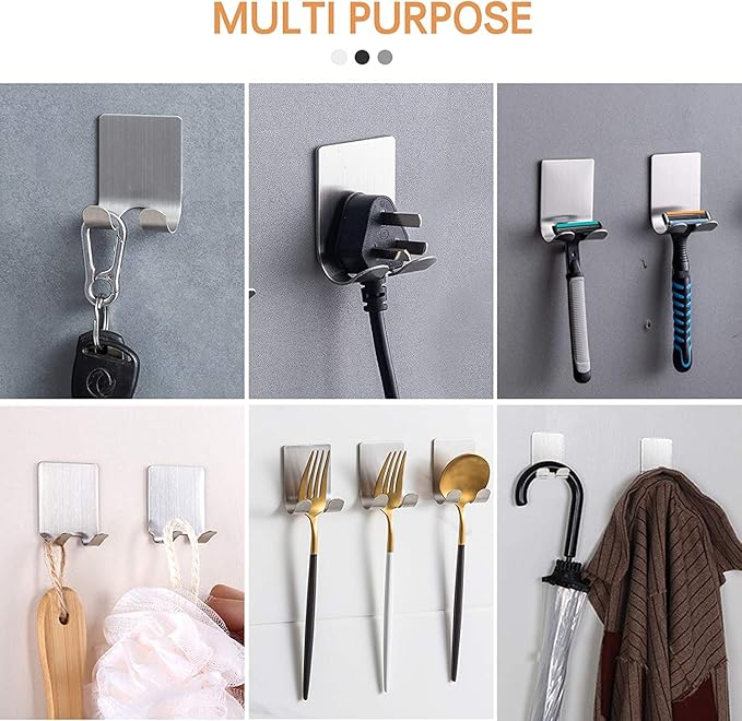 Razor Holder Shaver Hook Hanger Stand for Shower (6 Pack) Self Adhesive Stainless Steel Heavy Duty Utility Storage, Bathroom Kitchen Organizer for Plug Robe Towel Loofah Bathrobe Coat