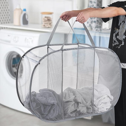Seiritex Mesh Popup Laundry Hamper 3 Compartment Sortable Horizontal Collapsible Laundry Basket for Clothes Laundry Room Bedroom Toys Travel (Gray)