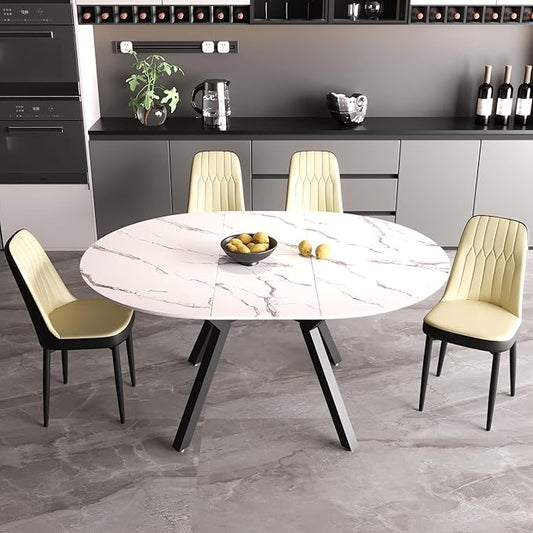Extendable Round Dining Table Set for 4, 5 piece Dining Table Set with 47-63" Extendable Table and 4 Upholstered Chairs, Modern Sturdy MDF Kitchen Table Set for Small Spaces, Dining Room and Office