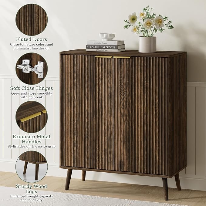 Fluted Shoe Cabinet with Doors,5-Tier Freestanding Shoe Storage Cabinet with Adjustable Shelves, Wooden Shoe Rack Organizer with Solid Legs for Entryway,Hallway,Walnut