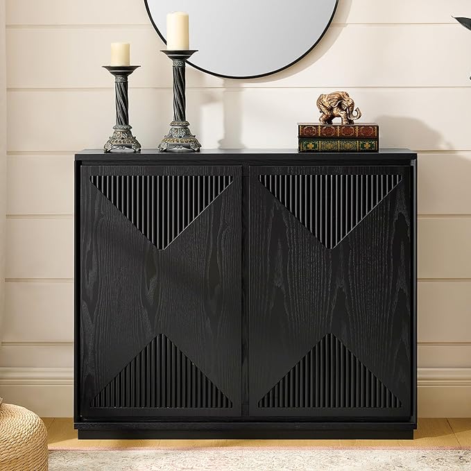 LKTART Buffet Cabinet Sideboard with Storage, Mid Century Modern Credenza with Doors & Shelves, Wood Small Coffee Bar Media Console Table for Kitchen, Living Room, Entryway-Black