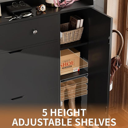 YESHOMY Shoe Cabinet for Entryway, Shoe Storage Cabinet with 2 Flip-Front Doors & Drawers, Shoes Organizer for Living Room and Hallway, Black