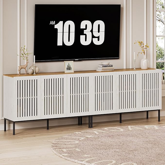 95" Farmhouse Buffet Cabinet with Grille Doors, Adjustable Shelves & 6 Doors, Storage Sideboard with Metal Base for Kitchen, Dining & Living Room, Antique White