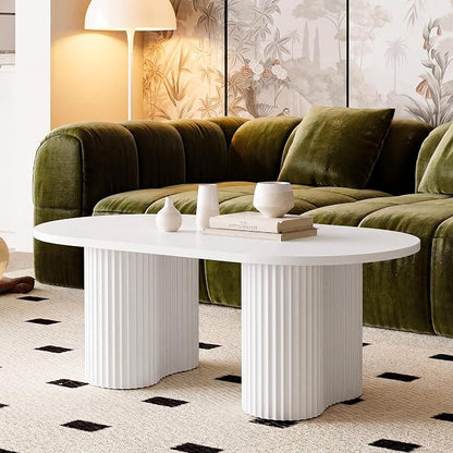 Tribesigns Oval Coffee Table, 47" Modern Center Table with Fluted Design, Tea Table with Sturdy Legs for Living Room, Bedroom, Office, Easy Assembly, White