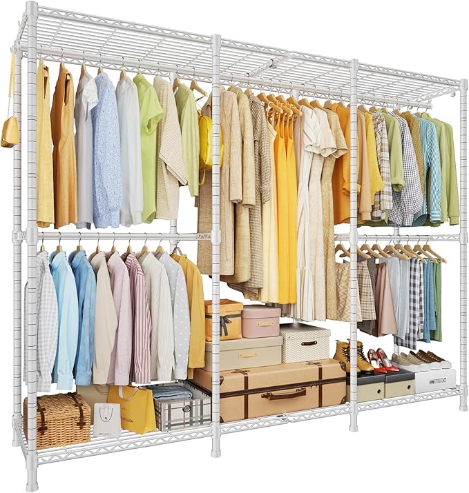 E14 Heavy Duty Clothes Rack，Freestanding Clothing Racks for Hanging Clothes，Adjustable Closet Organizers and Storage，Metal Garment Rack with Shelves 69" W x16 D x77 H，Max Load 960LBS，White