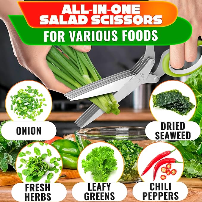 Herb Scissors with 5 Blades and Cover - Mince Fresh Cilantro, Parsley, Scallion, Chives & Dill in Seconds for Salad, Pasta, Tacos & Daily Meal Prep - Stainless Steel Herb Cutter with Cleaning Brush