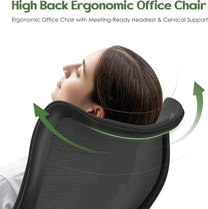 Office Chair Ergonomic Desk Chair - Comfy Mesh High Back Office Chair with Lumbar Support Wheel Home Desk Office Chairs Flip up Armrest Executive Rolling Swivel Task Computer Chair Black Silver
