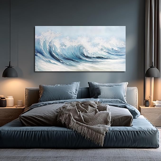 Belmrxne Coastal Wall Decor White Wall Art Ocean Artwork Textured Canvas Painting Wave Wall Painting for Living Room Dining Room Kitchen Office 24x48 Inches