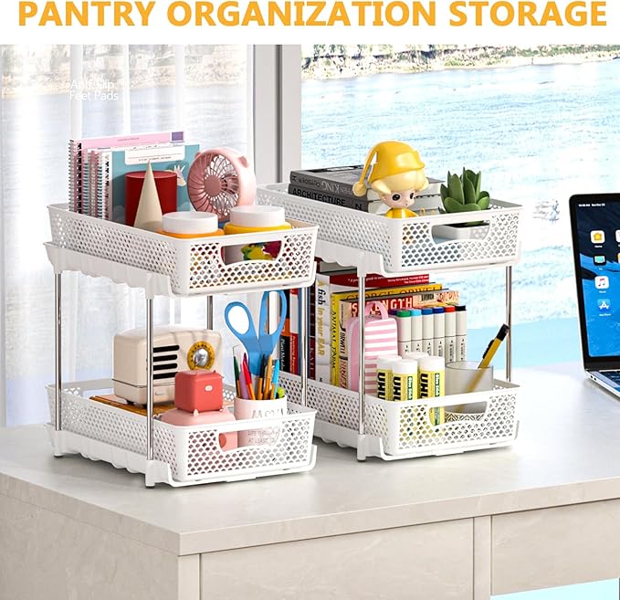 2 Pack Pull Out Bathroom Organizers and Storage, 2 Tier Stackable Under Sink Storage Organizer for Bathroom, Kitchen Cabinet, Pantry, and Medicine Holder, Organization and Storage - White