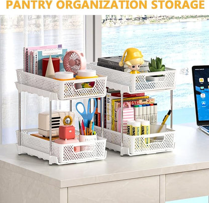 2 Pack Pull Out Bathroom Organizers and Storage, 2 Tier Stackable Under Sink Storage Organizer for Bathroom, Kitchen Cabinet, Pantry, and Medicine Holder, Organization and Storage - White