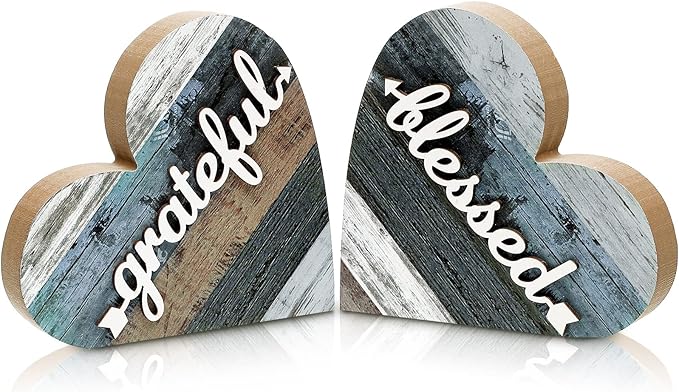 Jetec 2 Pcs Rustic Table Decorations for Living Room Home Decor Farmhouse Valentines Day Centerpiece Small Love Wooden Heart Decor for Dining Room Shelf Valentines Gift Decoration(Grateful Style)