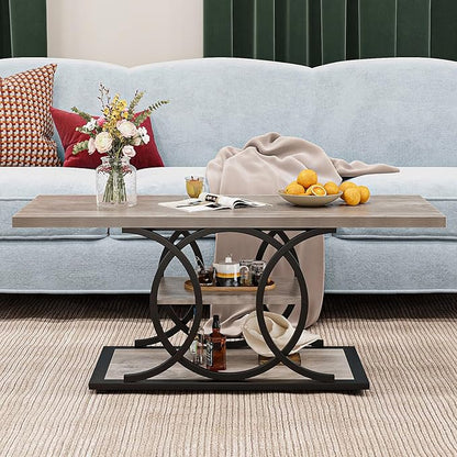 GiftGo Rustic Coffee Table with Storage Industrial 3 Tier Center Living Room Table Farmhouse Wooden Rectangle Cocktail Tea Table for Office Bedroom Elegant Full Moon Design (Vintage Gray, L-47)