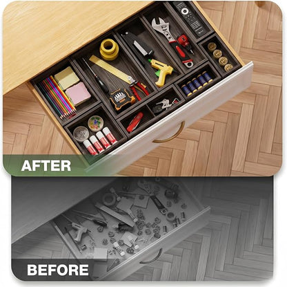 9-Pack Solid Wood Junk Drawer Organizer, Modular Desk Drawer Tray & Accessories with Non-Slip Pad, Multi-Use for Kitchen, Office, Bedroom Dresser, Utensil, Makeup, Stationery, Tea Bags & Coffee Pod