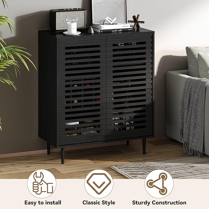 Mid Century Bar Cabinet with Wine Racks, Modern Liquor Cabinet with Slatted Doors for Dining Room, Living Room (Black)
