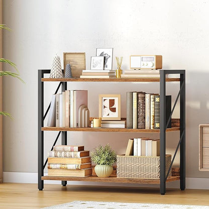 HOOBRO Bookshelf, 3-Tier Industrial Bookcase, Book Shelf Storage Organizer, Bookshelf with Metal Frame for Living Room, Bedroom, Home Office, Kitchen, Rustic Brown and Black BF718SJ01