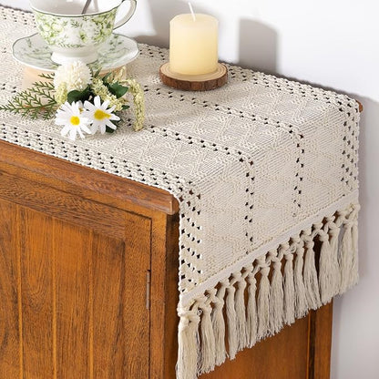 Socomi Boho Table Runner Valentine's Day Farmhouse Rustic Dining Kitchen Centerpiece Decor Small Macrame Woven Cotton Linen Coffee Table Runner for Dresser Scarf Home Decor 12x48 inch Beige