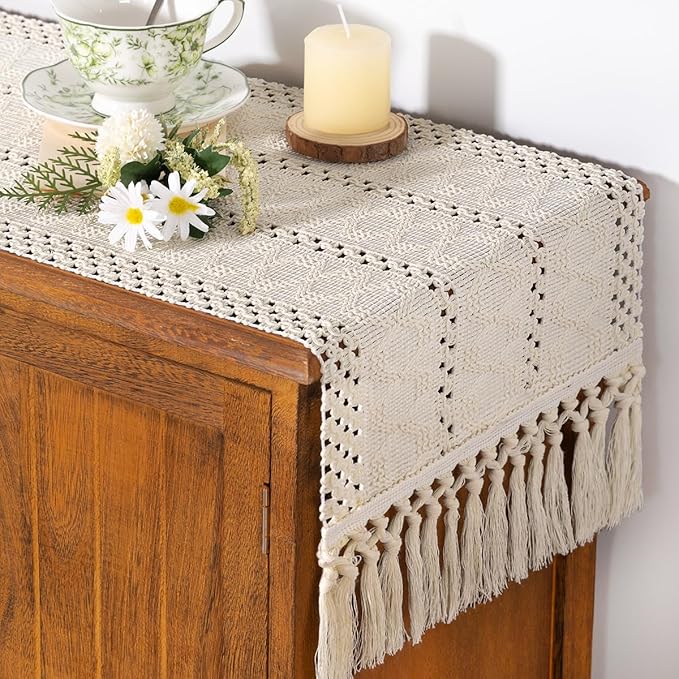 Socomi Boho Table Runner Macrame Long Valentine's Day Farmhouse Woven Cotton Linen Rustic Coffee Table Runner with Tassels for Dresser Scarf Home Decor Dining Room 12x108 inch Beige