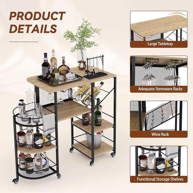 Bar Cart, Home Bar Service Cart with Wine Rack and Glass Holder, Kitchen Cart with Rolling Wheels, Metal Bar Rack with 7 Tiers Storage for Home, Kitchen, Living Room, Dining Room (Wood)