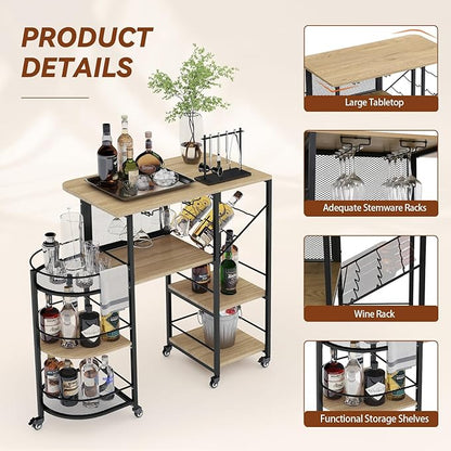Bar Cart, Home Bar Service Cart with Wine Rack and Glass Holder, Kitchen Cart with Rolling Wheels, Metal Bar Rack with 7 Tiers Storage for Home, Kitchen, Living Room, Dining Room (Wood)