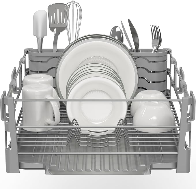 Simple Houseware Dish Drying Rack with Drainboard, Utensil Holder & Mug Hooks, Silver Metal Kitchen Counter Organizer