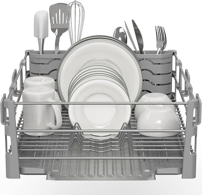 Simple Houseware Dish Drying Rack with Drainboard, Utensil Holder & Mug Hooks, Silver Metal Kitchen Counter Organizer
