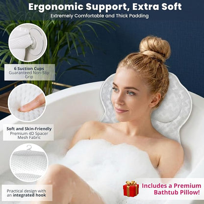 Bath Tray for Tub and Ergonomic Pillow Premium - Caddy Expandable 29 to 42.5 Inch -Foldable Bamboo Wood Tub Organizer - Luxury Bathtub Tray Wood Bamboo