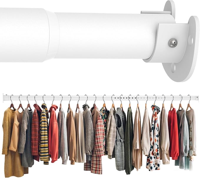 Closet Rod 17-63 Inches, Adjustable Heavy Duty White Metal Closet Rods for Hanging Clothes, 1.3 Inch Diameter with Wall Brackets for Wardrobes, Laundry Room