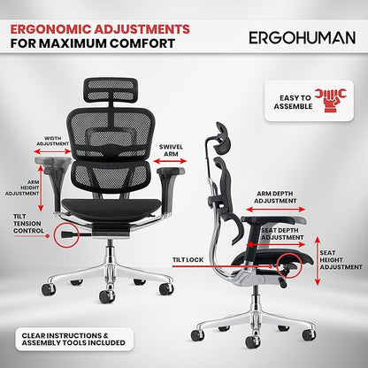 Ergohuman Eurotech ME7ERG GEN2 High Back Mesh Office Chair with Tilt Tension Control, Tilt Lock, Back Angle, Back Height, Synchro Tilt, Seat Height, Seat Depth, and Arm Height Adjustments, Black
