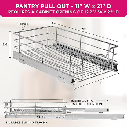 HOLDN’ STORAGE Pull Out Cabinet Organizer, Slide Out Drawer for Kitchen Cabinets & Pantry, Roll Out Shelf for Pots, Pans & Under Sink Storage, Heavy-Duty Full-Extension, 11"W x 21"D x 5"H