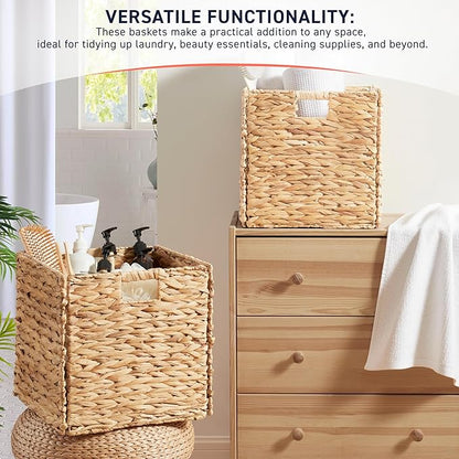 Ornavo Home 13 x 13 Inch Water Hyacinth Baskets Set of 8 – Handwoven Collapsible Wicker Storage Cube Bins with Handles for Bathroom, Bedroom, Laundry and Pantry - Natural