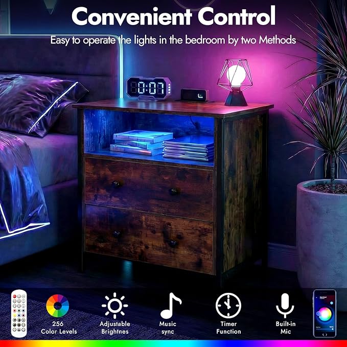 27 Inch Wide Night Stand, Large Wood Night Stand with 2 Drawers, LED Nightstand with Charging Station and Adjustable Drawer, Bedside Table for Living Room/Bedroom/Study/Office, Retro.
