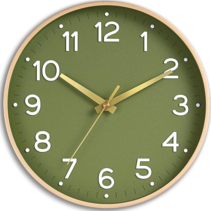 Roymnie Wall Clock Green, 10 Inch Silent Wall Clocks Battery Operated-Modern Non Ticking Analog Clock Decorative for Kitchen Bedroom Office Bathroom(Gold)