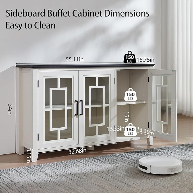 Large Sideboard Buffet Cabinet with Storage, 55" Farmhouse White Kitchen Coffee Wine Bar Cabinet with 3 Glass Doors, Wood Mid Century Modern Side Board Table for Dining Room, Living Room